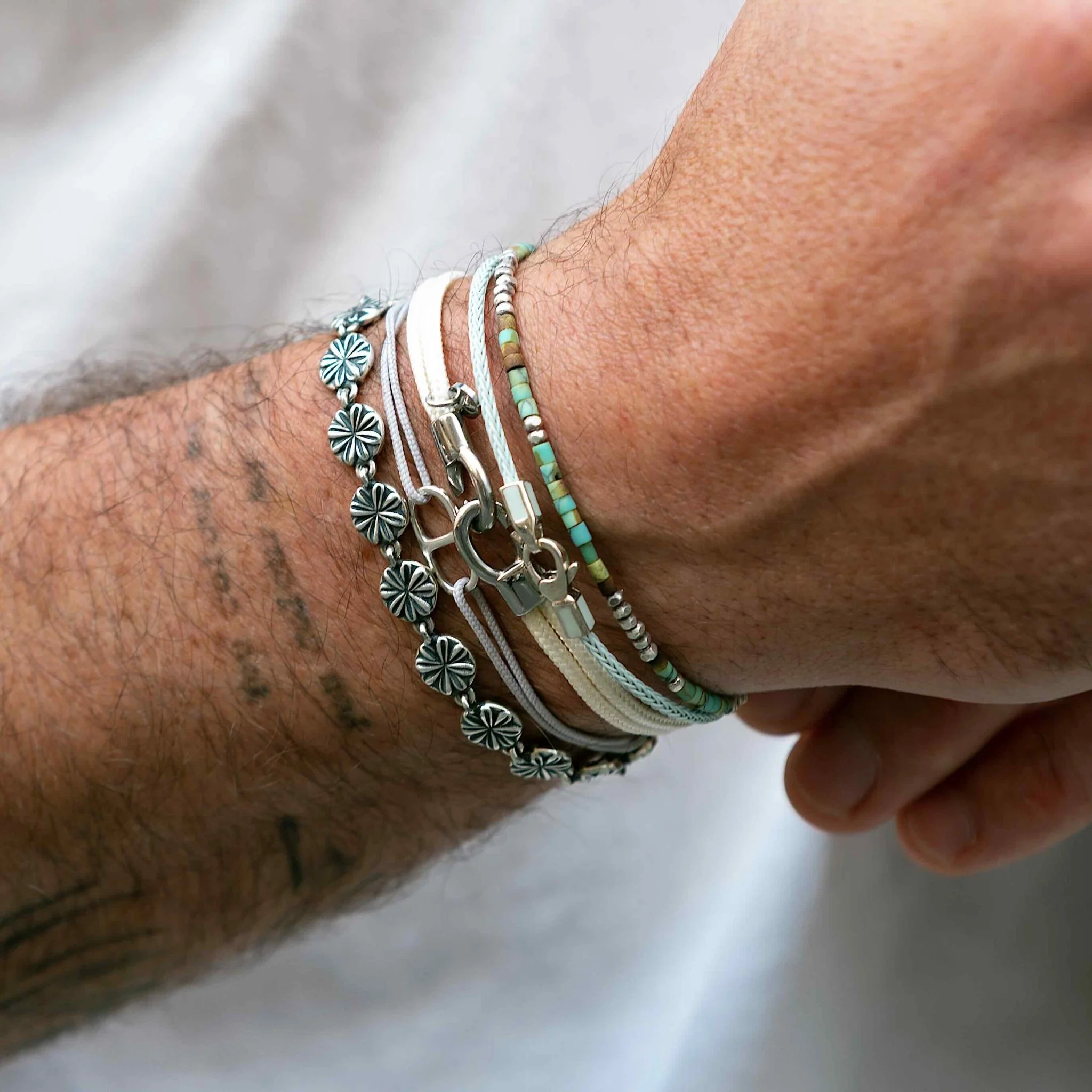 2mm Bracelet With Afghani Stones And Silver Beads (Malachite) - Image 3