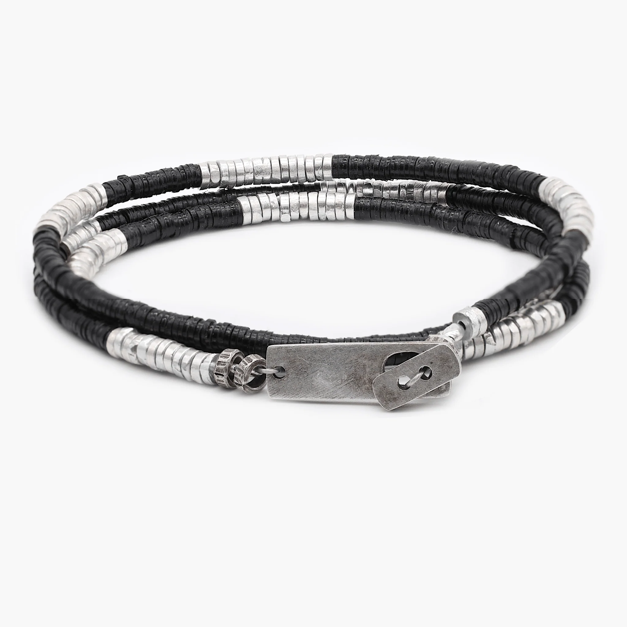 3 Laps Bracelet With Vinyl And Sterling Silver Beads (Black) - Image 2