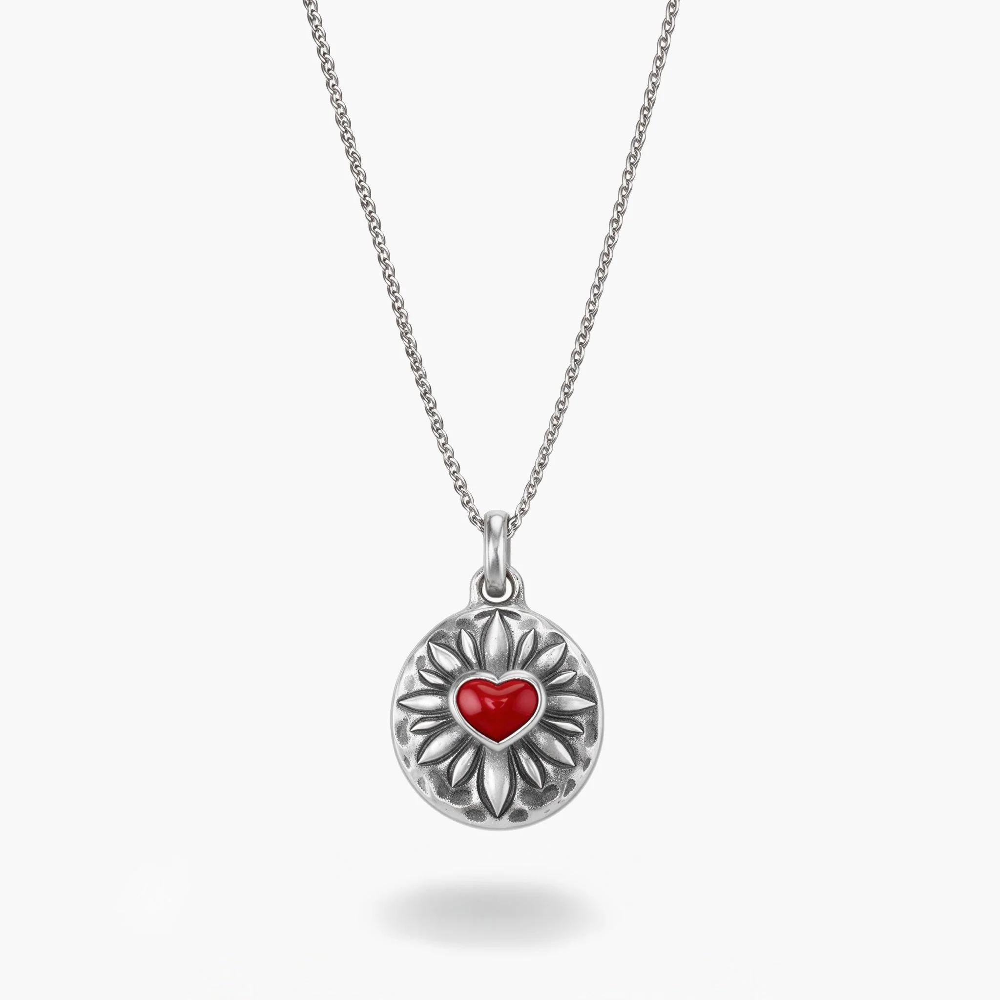 Sacred Heart Sterling Silver Necklace With Red Garnet Stone
