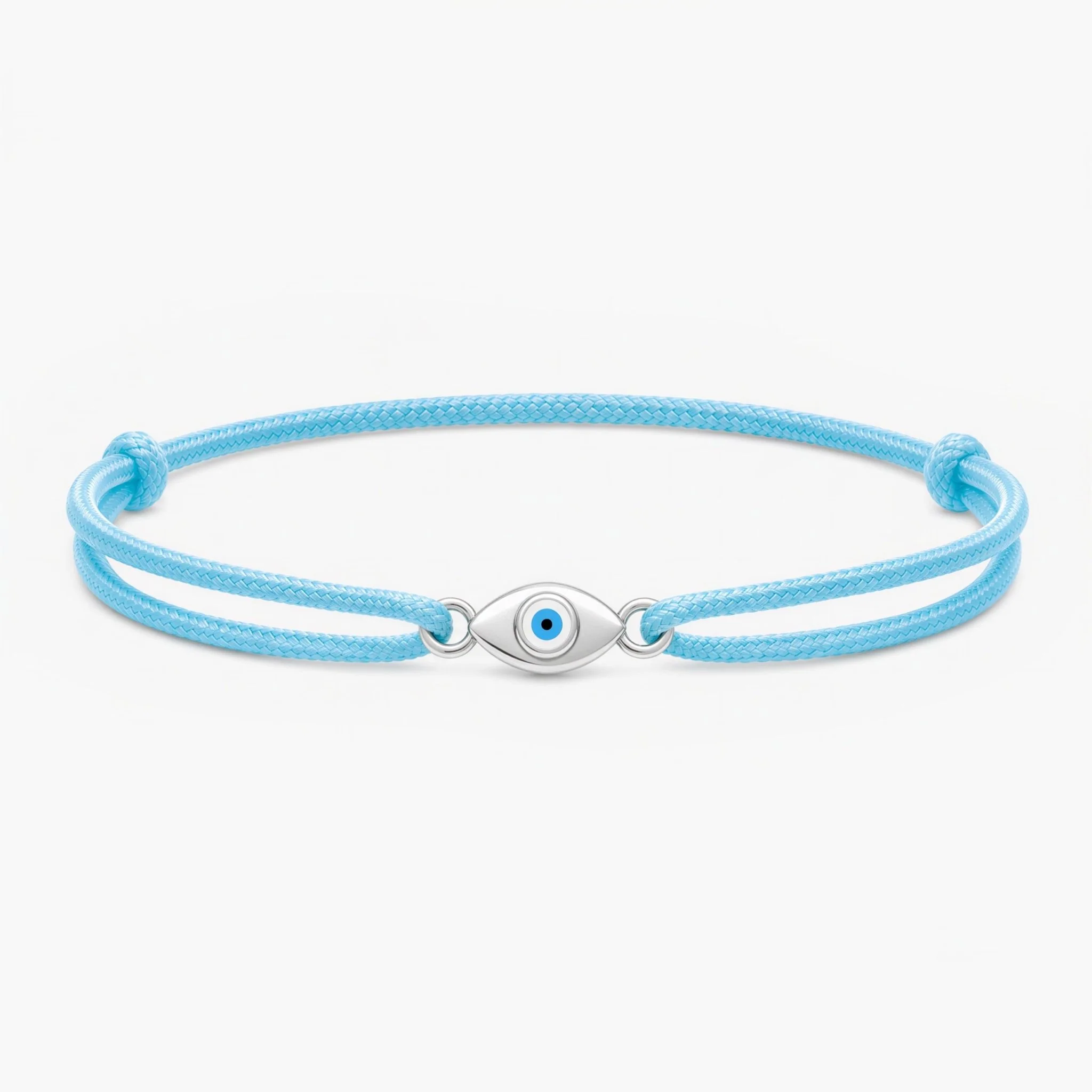 Cord Bracelet With Silver Evil Eye (Light Blue)