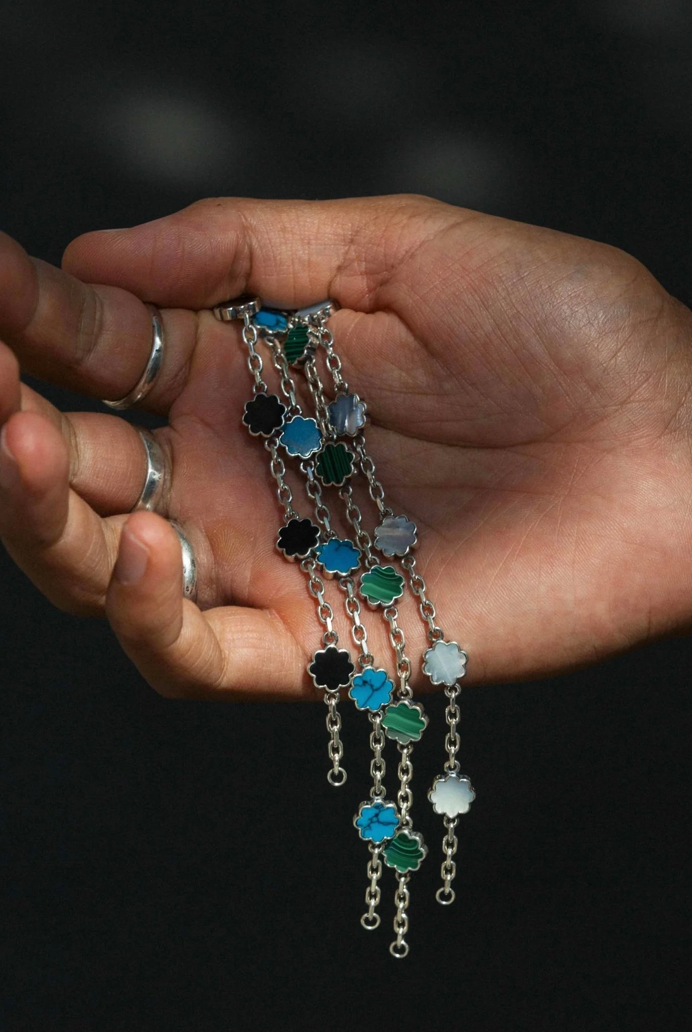 Multi Daisies Sterling Silver Chain Bracelet With Arizona Turquoise - Image 3