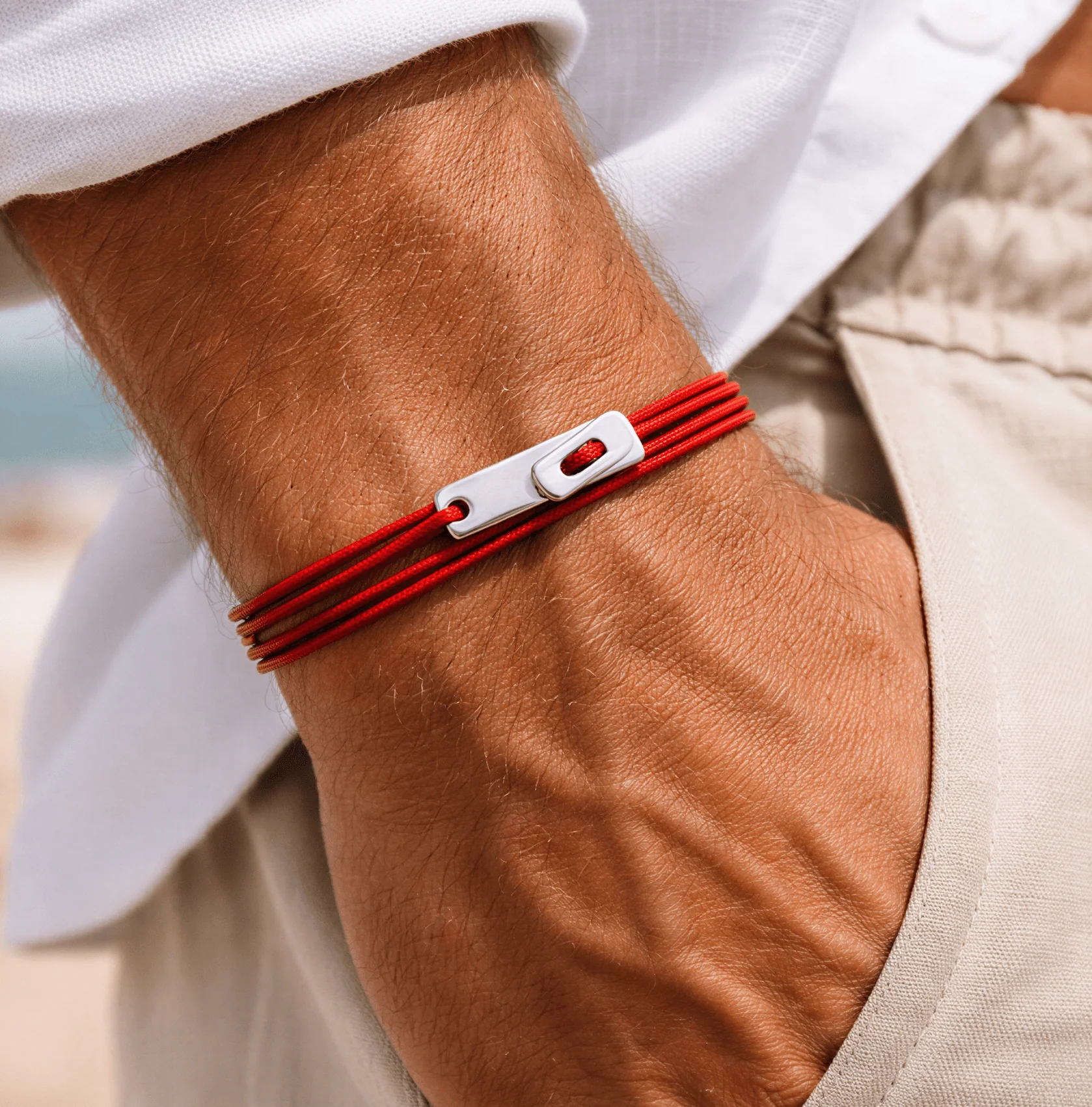 Multi Wraps String Bracelet With Silver Clasp (Red) - Image 3