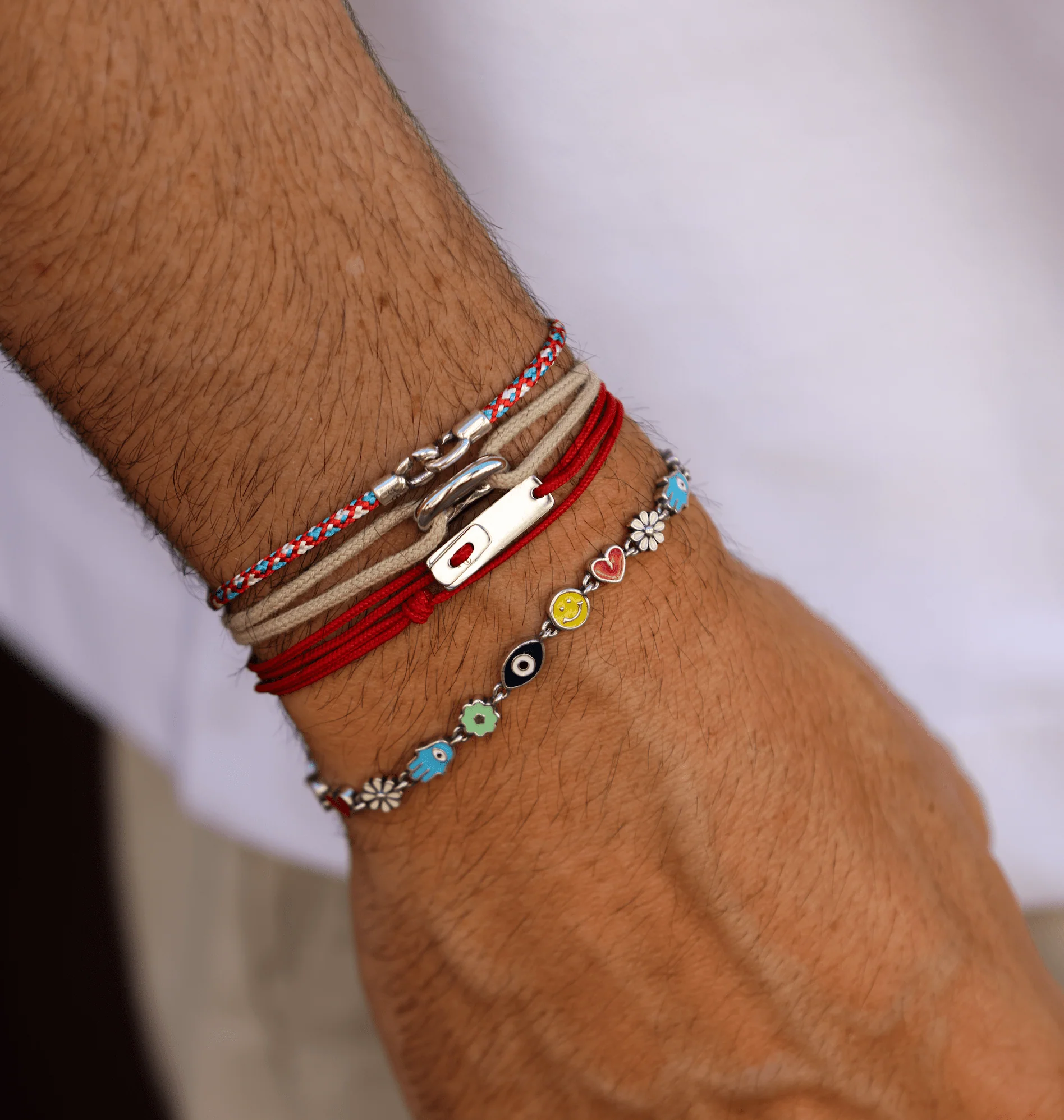 Multi Wraps String Bracelet With Silver Clasp (Red) - Image 4