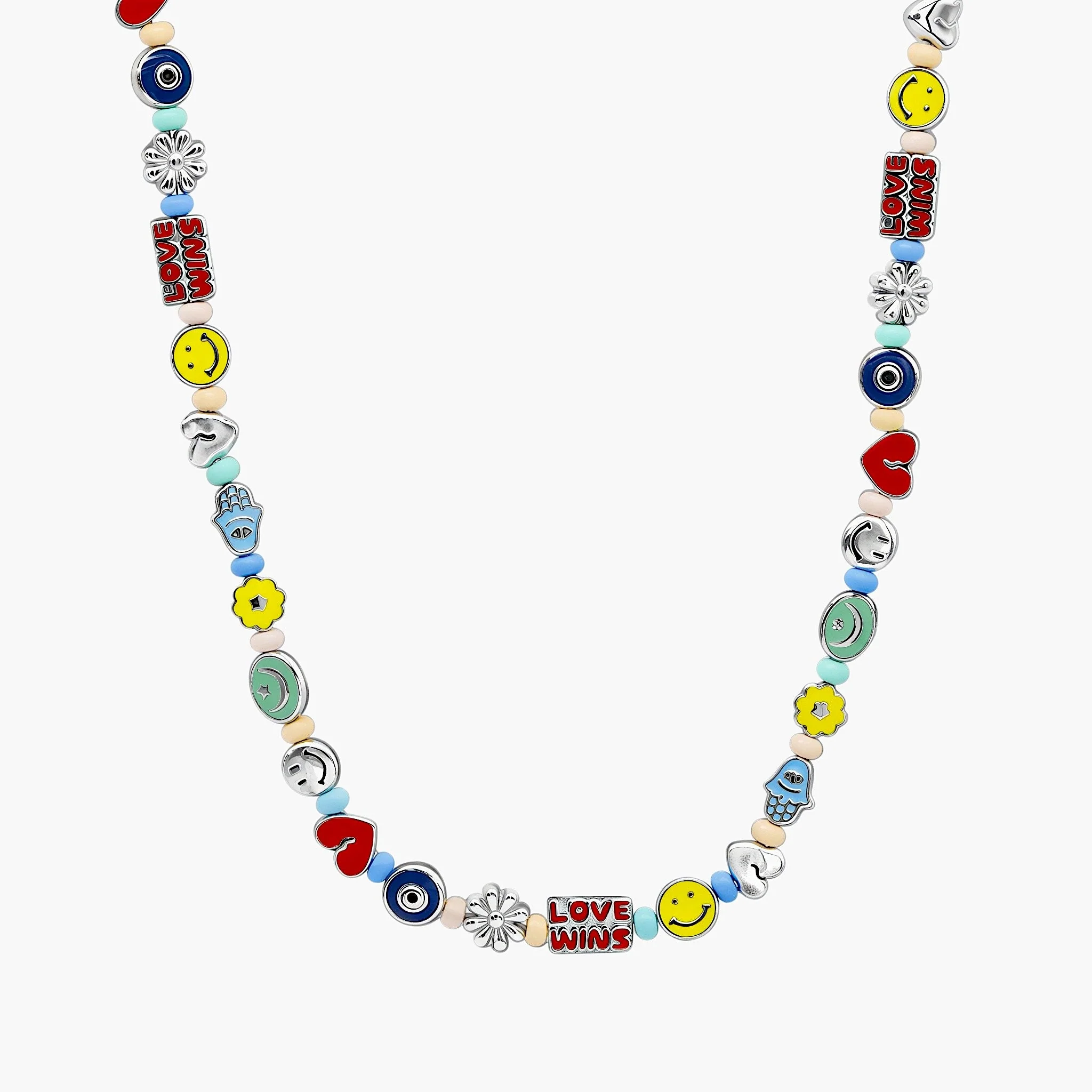Necklace With Enamelled Charms And Pastel Beads