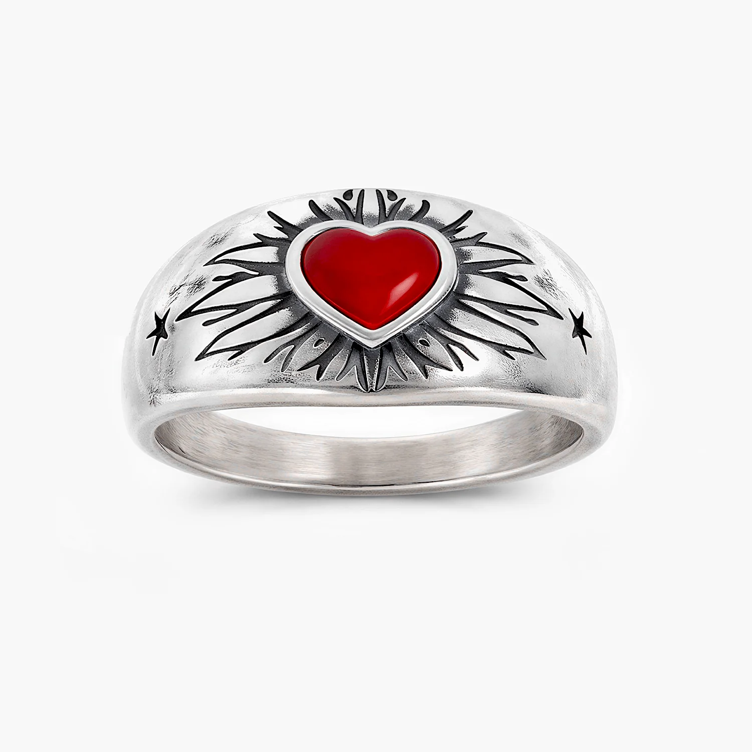 Sacred Heart Sterling Silver Ring With Red Garnet