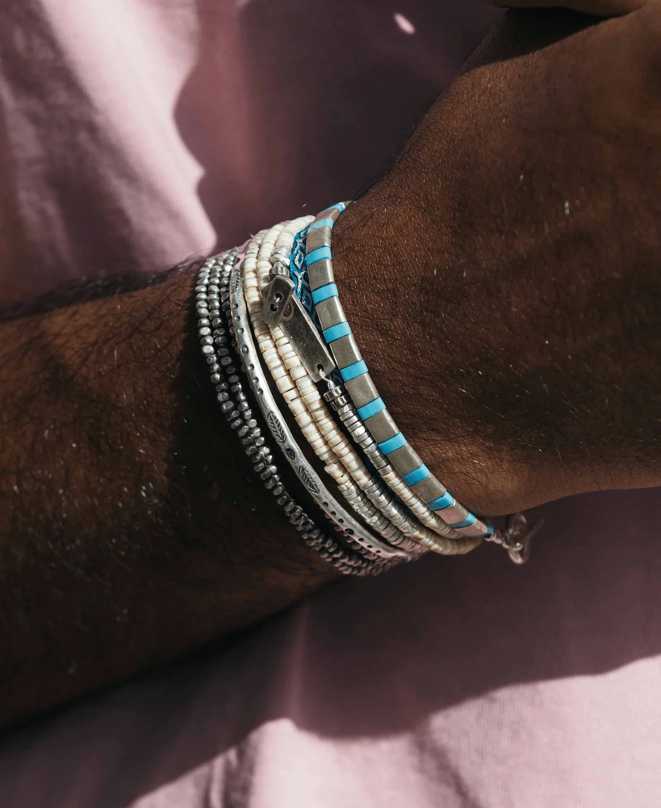 Silver Bracelet With Hand-Forged Tila Beads (Light Blue) - Image 5