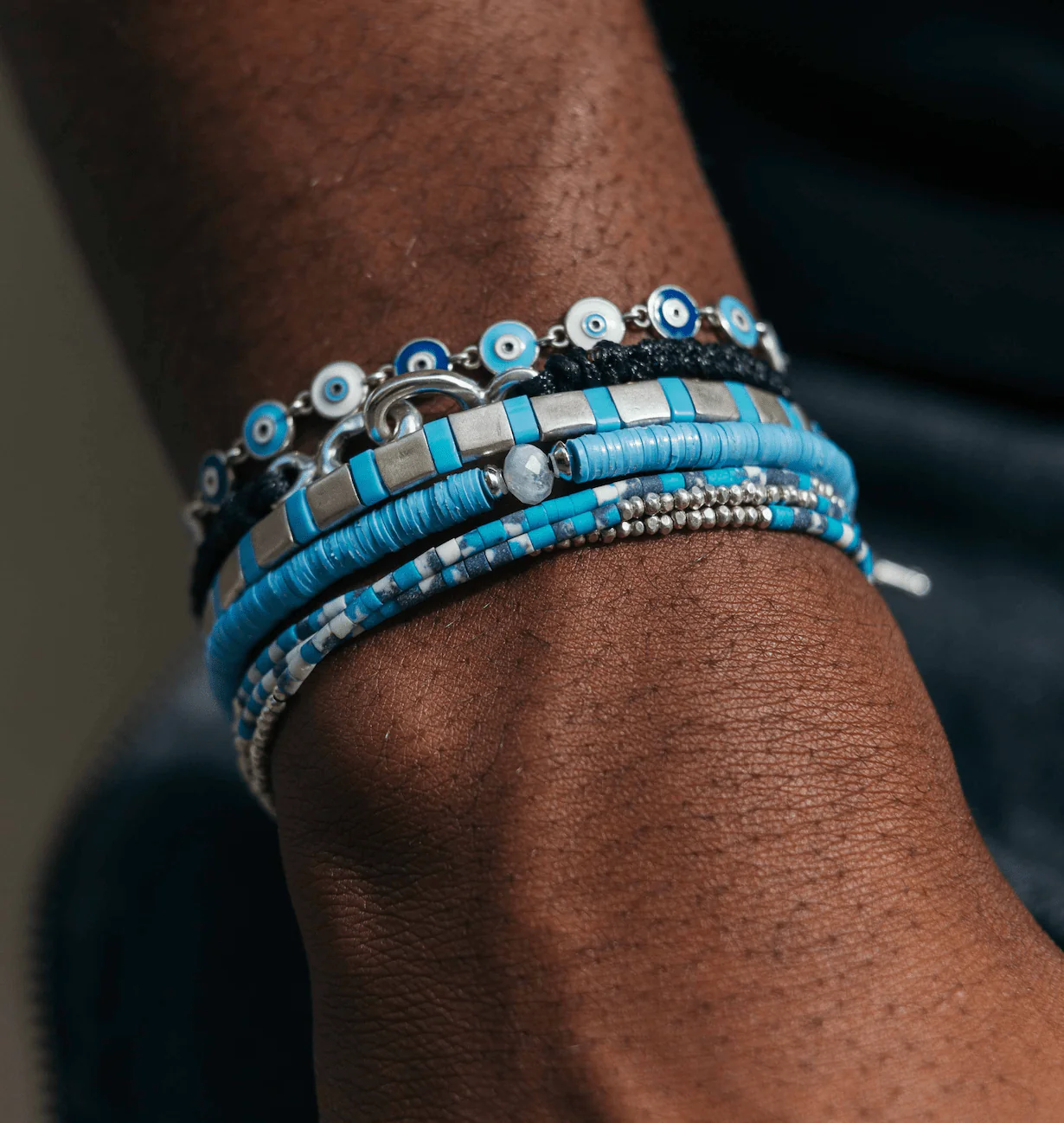 Silver Bracelet With Hand-Forged Tila Beads (Light Blue) - Image 6