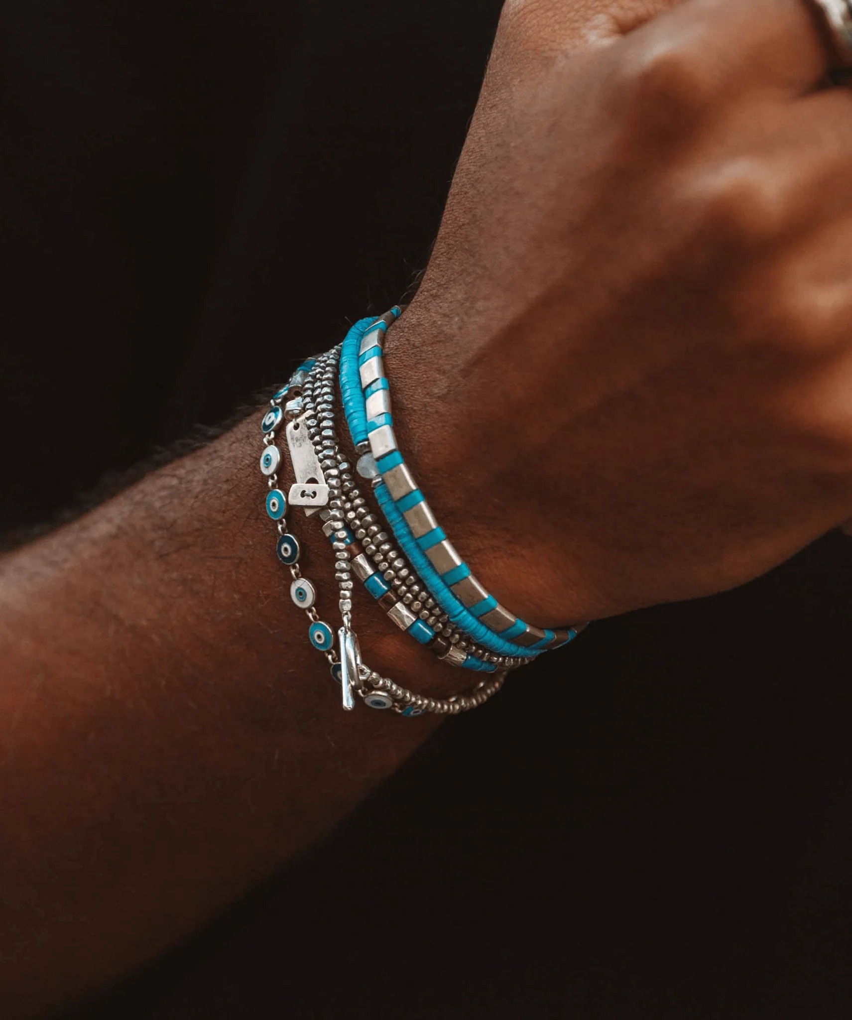 Silver Bracelet With Hand-Forged Tila Beads (Light Blue) - Image 7